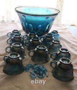 Vintage Indiana Glass Blue Carnival Glass Grape Harvest Punch Bowl with Cups & H