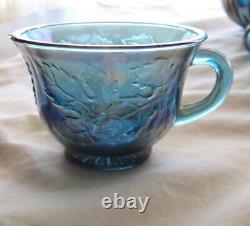 Vintage Indiana Glass Blue Carnival Glass Grape Harvest Punch Bowl with Cups & H