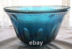 Vintage Indiana Glass Blue Carnival Glass Grape Harvest Punch Bowl with Cups & H