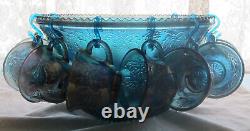 Vintage Indiana Glass Blue Carnival Glass Grape Harvest Punch Bowl with Cups & H