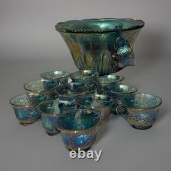 Vintage Indiana Glass Blue Harvest Carnival Glass Punch Bowl Set