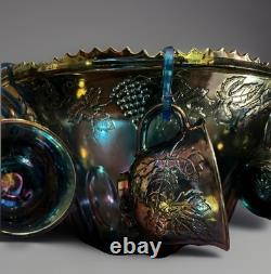 Vintage Indiana Glass Blue Harvest Carnival Glass Punch Bowl Set