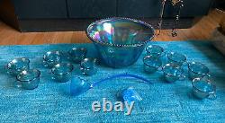 Vintage Indiana Glass Carnival Blue Glass Punch Bowl with 12 Cups, Ladle & Hooks