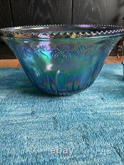 Vintage Indiana Glass Carnival Blue Glass Punch Bowl with 12 Cups, Ladle & Hooks