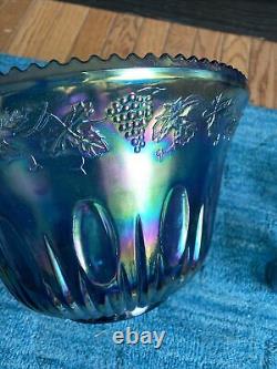 Vintage Indiana Glass Carnival Blue Glass Punch Bowl with 12 Cups, Ladle & Hooks