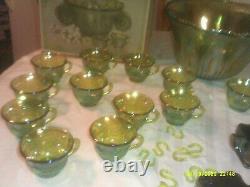 Vintage Indiana Glass Carnival Glass Punch Bowl Set Candy Dish Plus 5 Other Piec