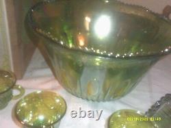 Vintage Indiana Glass Carnival Glass Punch Bowl Set Candy Dish Plus 5 Other Piec