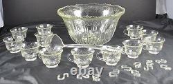 Vintage Indiana Glass Clear Princess Harvest Grape Punch Bowl & 12 Glasses Cups