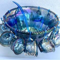 Vintage Indiana Glass Company Blue Carnival Punch Bowl Set Gorgeous! Complete