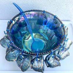 Vintage Indiana Glass Company Blue Carnival Punch Bowl Set Gorgeous! Complete