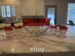 Vintage Indiana Glass Cranberry Punch Bowl Set 10 Cups Ruby Red Iridescent Glass