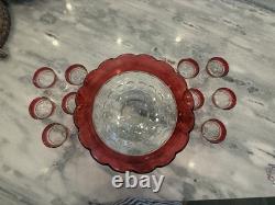 Vintage Indiana Glass Cranberry Punch Bowl Set 10 Cups Ruby Red Iridescent Glass