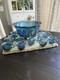 Vintage Indiana Glass Grape Harvest Iridescent Princess Blue Punch Bowl Set 12