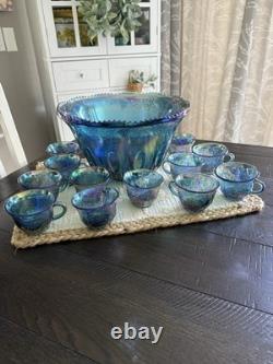 Vintage Indiana Glass Grape Harvest Iridescent Princess Blue Punch Bowl Set 12
