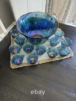 Vintage Indiana Glass Grape Harvest Iridescent Princess Blue Punch Bowl Set 12