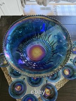 Vintage Indiana Glass Grape Harvest Iridescent Princess Blue Punch Bowl Set 12