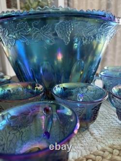 Vintage Indiana Glass Grape Harvest Iridescent Princess Blue Punch Bowl Set 12