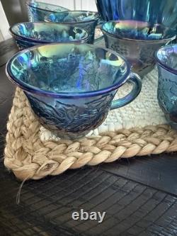 Vintage Indiana Glass Grape Harvest Iridescent Princess Blue Punch Bowl Set 12