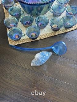 Vintage Indiana Glass Grape Harvest Iridescent Princess Blue Punch Bowl Set 12