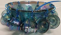 Vintage Indiana Glass Harvest Grape Blue Purple Carnival Punch Bowl Set 12 Cups+