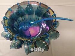 Vintage Indiana Glass Harvest Grape Blue Purple Carnival Punch Bowl Set 12 Cups+