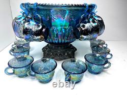 Vintage Indiana Glass Iridescent Blue Harvest Carnival Glass Punch Bowl, 16 cups