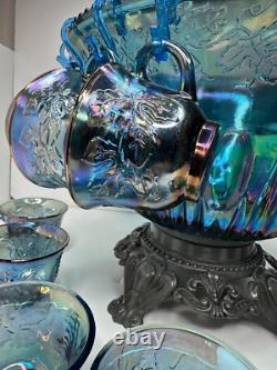 Vintage Indiana Glass Iridescent Blue Harvest Carnival Glass Punch Bowl, 16 cups