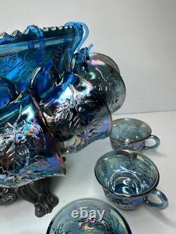 Vintage Indiana Glass Iridescent Blue Harvest Carnival Glass Punch Bowl, 16 cups