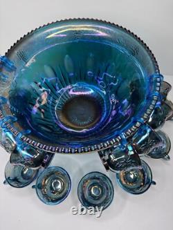 Vintage Indiana Glass Iridescent Blue Harvest Carnival Glass Punch Bowl, 16 cups