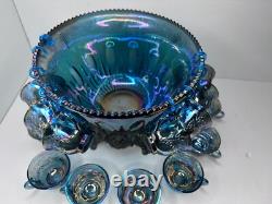 Vintage Indiana Glass Iridescent Blue Harvest Carnival Glass Punch Bowl, 16 cups