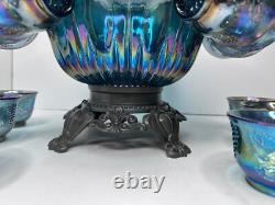 Vintage Indiana Glass Iridescent Blue Harvest Carnival Glass Punch Bowl, 16 cups