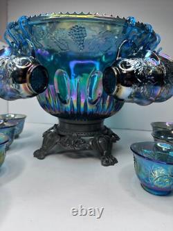 Vintage Indiana Glass Iridescent Blue Harvest Carnival Glass Punch Bowl, 16 cups