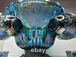 Vintage Indiana Glass Iridescent Blue Harvest Carnival Glass Punch Bowl, 16 cups