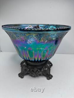 Vintage Indiana Glass Iridescent Blue Harvest Carnival Glass Punch Bowl, 16 cups