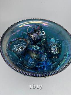 Vintage Indiana Glass Iridescent Blue Harvest Carnival Glass Punch Bowl, 16 cups