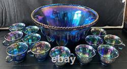 Vintage Indiana Glass Iridescent Blue Harvest Carnival Glass Punch Bowl Set