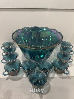 Vintage Indiana Glass Iridescent Blue Harvest Carnival Glass Punch Bowl Set