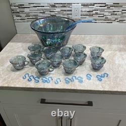 Vintage Indiana Glass Iridescent Blue Harvest Carnival Glass Punch Bowl Set