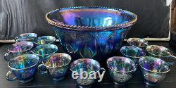 Vintage Indiana Glass Iridescent Blue Harvest Carnival Glass Punch Bowl Set