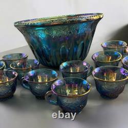 Vintage Indiana Glass Iridescent Blue Harvest Carnival Glass Punch Bowl Set