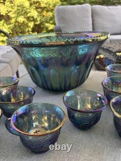 Vintage Indiana Glass Iridescent Blue Harvest Carnival Glass Punch Bowl Set