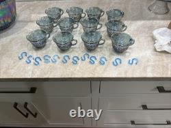 Vintage Indiana Glass Iridescent Blue Harvest Carnival Glass Punch Bowl Set