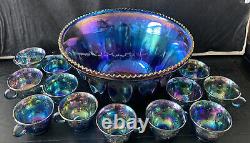 Vintage Indiana Glass Iridescent Blue Harvest Carnival Glass Punch Bowl Set