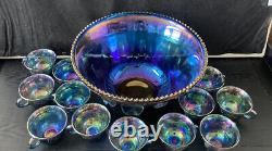 Vintage Indiana Glass Iridescent Blue Harvest Carnival Glass Punch Bowl Set