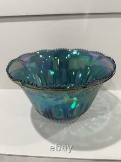 Vintage Indiana Glass Iridescent Blue Harvest Carnival Glass Punch Bowl Set
