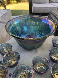 Vintage Indiana Glass Iridescent Blue Harvest Carnival Glass Punch Bowl Set