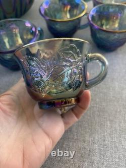 Vintage Indiana Glass Iridescent Blue Harvest Carnival Glass Punch Bowl Set