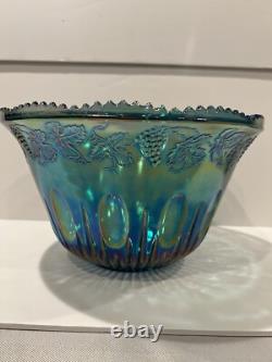 Vintage Indiana Glass Iridescent Blue Harvest Carnival Glass Punch Bowl Set