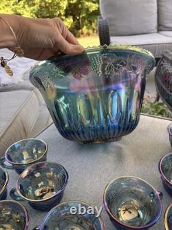 Vintage Indiana Glass Iridescent Blue Harvest Carnival Glass Punch Bowl Set