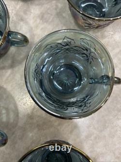 Vintage Indiana Glass Iridescent Blue Harvest Carnival Glass Punch Bowl Set